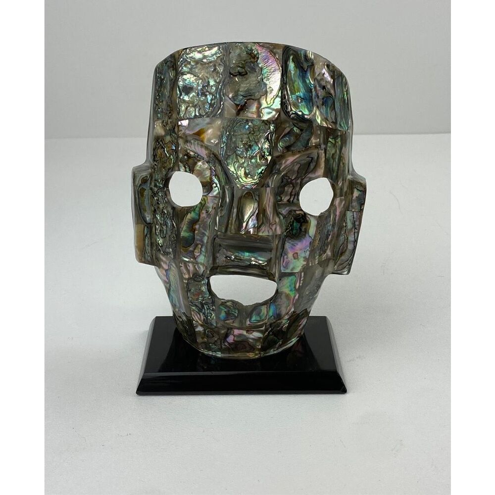 Vintage Mid Century Abalone Shell Mayan Mask Burial Aztec Death Sculpture 6 1/2”